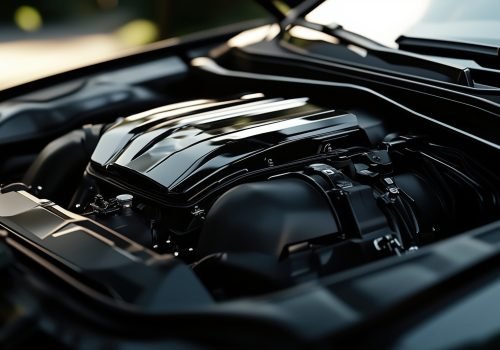 Detailed image of a BMW car engine, showcasing its smooth, polished surfaces and intricate engineering components in natural sunlight.