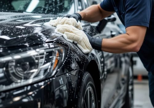 Hard-working technician cleaning the car’s interior and exterior with full attention