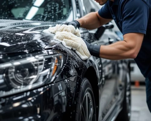 Hard-working technician cleaning the car’s interior and exterior with full attention