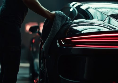 A person is drying a sleek black car with neon lights reflecting on its surface.